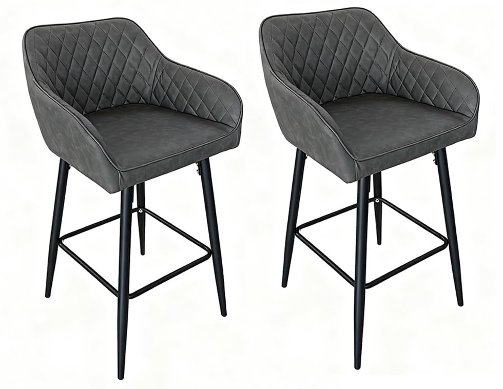 Requena Pair of Bar Stools with Leatherette Upholstered Seat, Armrest & Backrest, Black Metal Legs, for Kitchen and Breakfast Bar (BAR01, Leather-Grey-1)