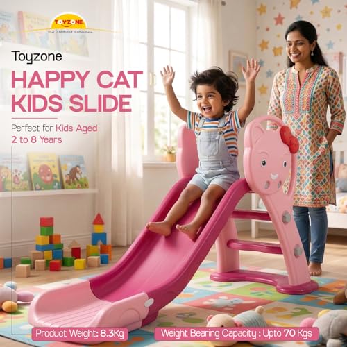 Image of Toyzone Happy Cat Slide for Kids | Baby Play Slide | Indoor & Outdoor Kids Slider | Easy Assembly | Safe Rounded Design | BIS Certified | Made in India | Kids Slide for 2-8 Years, Upto 70 kgs