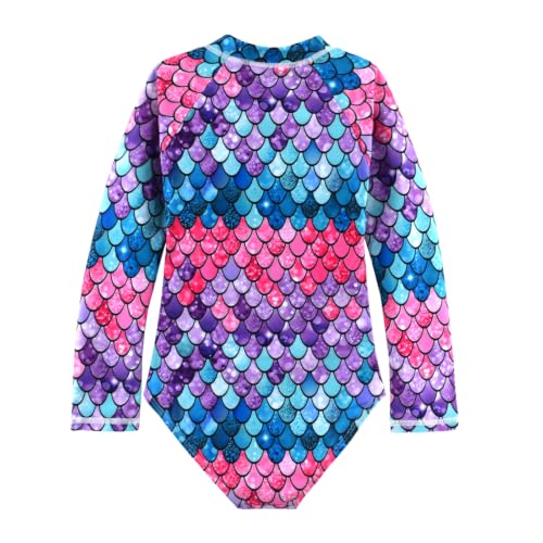Image of Girls One Piece Swimsuit Long Sleeve Rash Guard UPF 50+ Age 2-12Y | UPF 50+ Sun Protection,Quick Dry,Front Zipper,Bright colorful ,Great for beach pool Play,Little Kids Bathing Suits