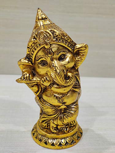 GiftNagri Gold Plated Metal Handicraft Ganesh Ji Idol for Gift Home Decor Showpiece Dancing Ganesha Figure Ganpati Playing Flute Bansuri Office Home Temple Decorative Murti
