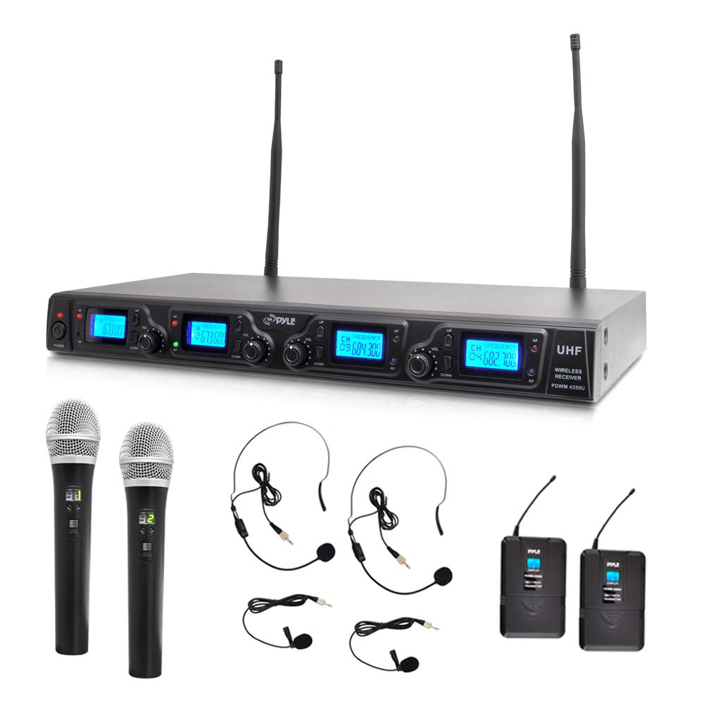 Pyle Upgraded Wireless Microphone System-4-Channel UHF, Adjustable Frequency, Includes (2) Handheld Beltpack Transmitters, (2) Lavalier (2) Headset Mics (PDWM4350U.5)