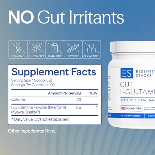 image for Essential Stacks Gut L-Glutamine Powder - Exclusively Made in USA - Pu