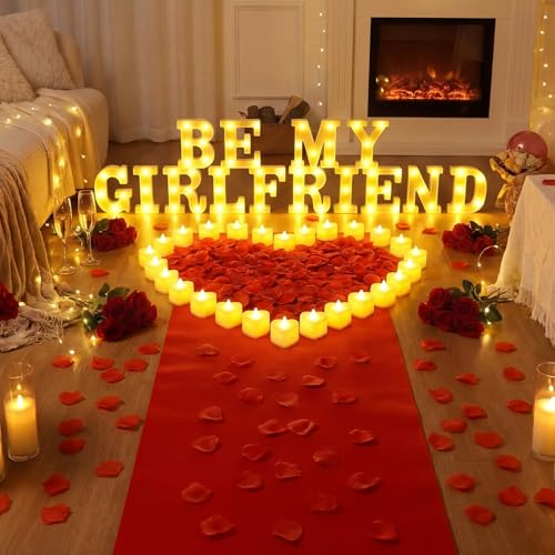 Image of Grinsvalley Be My Girlfriend Light up Letters Proposing Decorations Set Includes 13 ft Carpet Runner 14 LED Light Letters 2000 Rose Petals for Anniversary Decorations