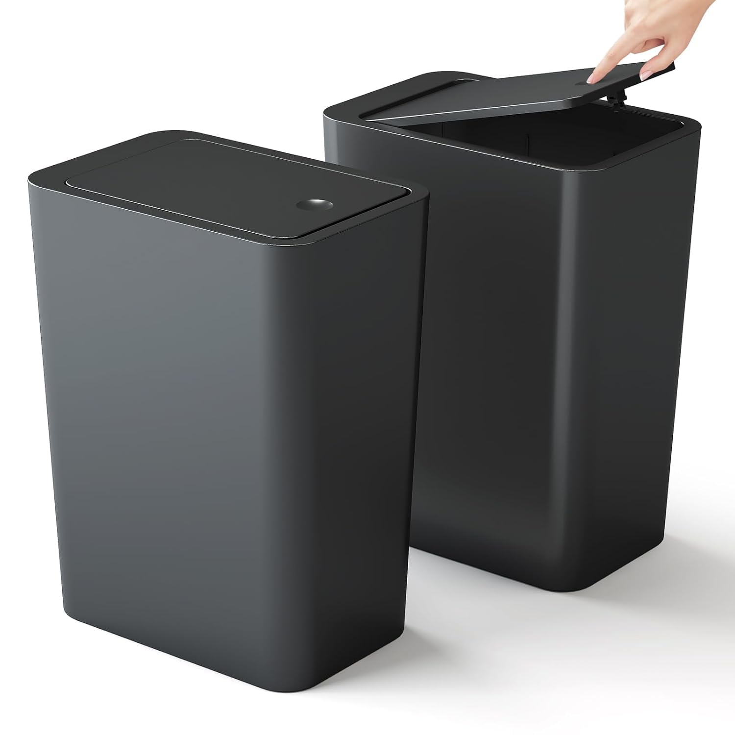 2PCS Bedroom Bin,Push Button Thin Trash Can10L Slim Bathroom Bin with Lid, Anti-Odour Narrow Waste Dog Proof Garbage Can for Bathroom,Office,Living Room,Kitchen,Toilet (Black)