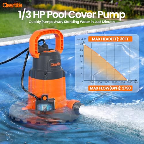 Image of Cleartide Smart Automatic Water Pool Cover Pump,Submersible Pump Removes Water from Inground /Above Ground Winter Swimming Pools, 1 /3 HP 2790 GPH, Auto On /Off & Freeze Protection, 25ft Cord, 120V AC