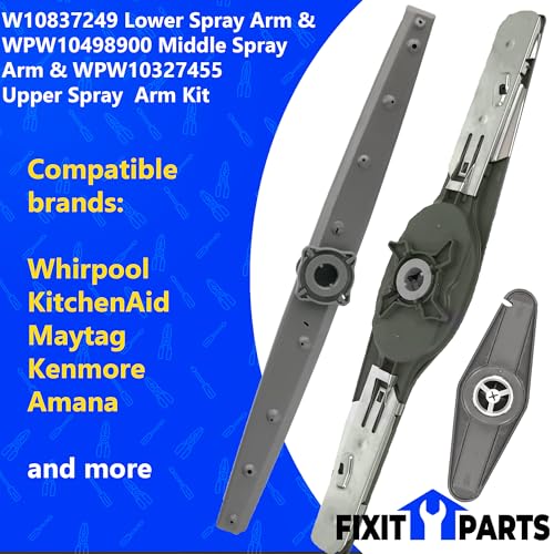 Image of W10837249 Lower Spray Arm & WPW10498900 Middle Spray Arm & WPW10327455 Upper Spray Arm Kit - Compatible with Whirlpool Kenmore Maytag KitchenAid Dishwasher Models