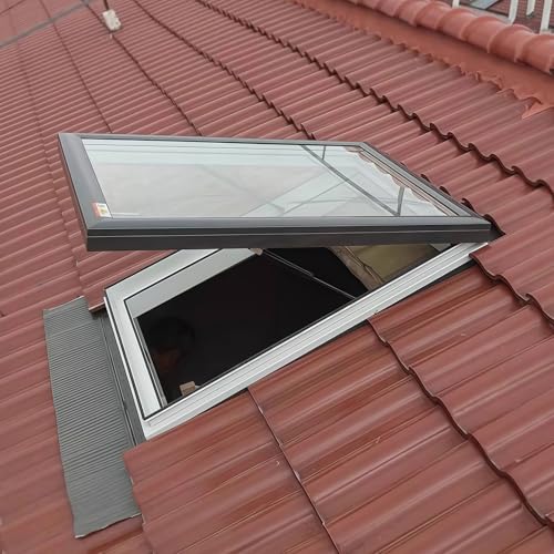 Ventana de techo de aluminio con ventilación manual para áticos y sótanos, marco plano con resorte de gas, sistema de ventilación de tragaluz de vidrio endurecido de doble acristalamiento
