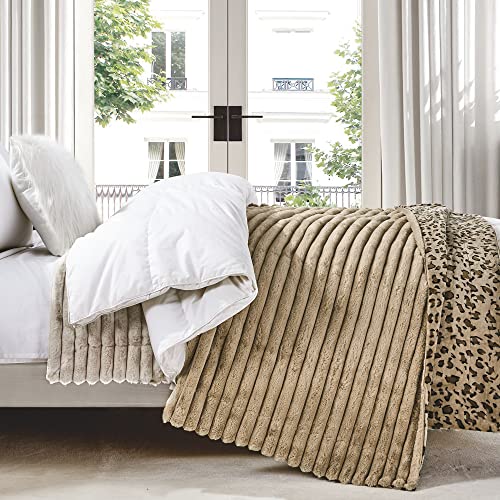 Softan Striped Faux Fur Blanket With Leopard Print Flannel Fleece Reverse, Reversible Cheetah Print Throw Blanket For Couch Sofa Bed, Soft Fuzzy Fur Throw Blanket Brown - 60"X 80" #TOP7
