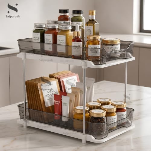 Image of Satpurush 2 Tier Kitchen Organizer Rack for Countertop, Space Saving Multipurpose Organiser with Transparent Trays for Spice Jars, Oil Bottles & Containers, (27.5 x 28 x 19 cm, Smoke Gray)
