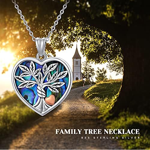 Midir&Etain Tree of Life Necklace 925 Sterling Silver Abalone Shell Heart Pendant Necklace Family Tree Jewellery Gifts for Women Girlfriend