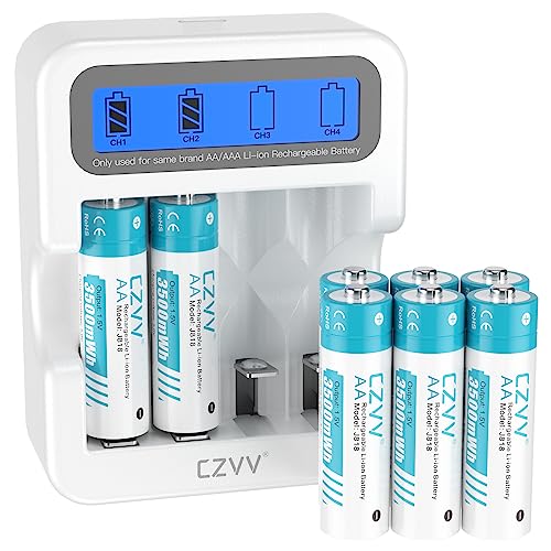 czvv Pilas Recargables AA Litio 1,5V - LCD Cargador de Pila AA AAA con 8 Unidades Baterías Lithium Capacidad Alta 3500mWh - Ultra Rápido 2H - Duración 10 Años,1300 Ciclo para Ratón, Teclado, Gamepad