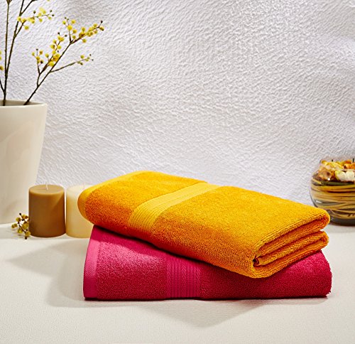 Image of Amazon Brand - Solimo 100% Cotton 2 Piece Bath Towel Set, 500 GSM (Paradise Pink and Sunshine Yellow)
