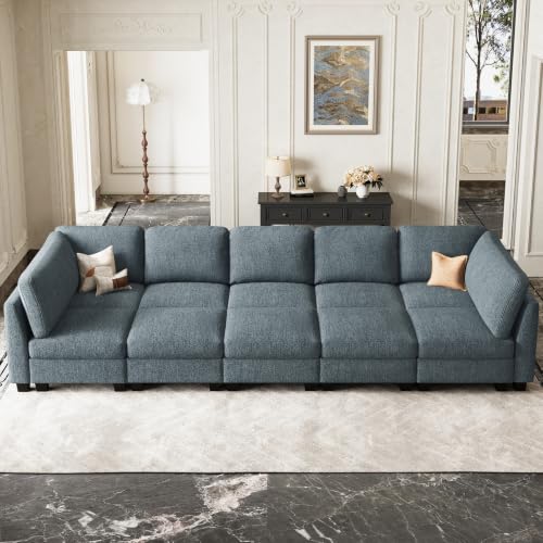 Image of Belffin Cloud Couch with Deep Seat Linen Sectional Sleeper Sofa Apartment Couch. Blue Grey Sofa