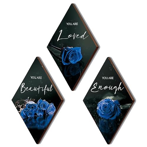 ONIZHITY 3 Pieces Blue Wall Decor Rose Wooden Bathroom Decor Posi...