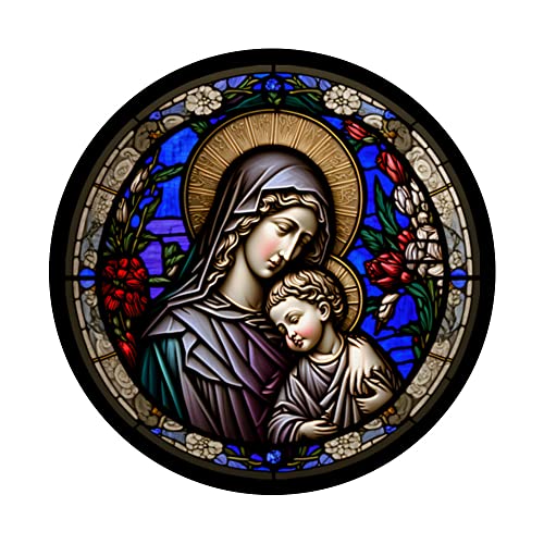 Religious Blessed Virgin Mary and Jesus Stained Glass Design PopSockets Swappable PopGrip, Black - Image 3