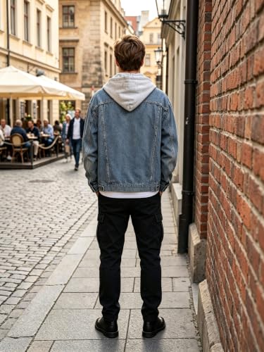 Image of Lavnis Men's Denim Hoodie Jacket Casual Slim Fit Button Down Jeans Coat