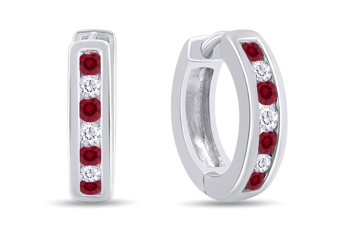 Red Simulated Ruby & White Cubic Zirconia Huggie Earrings In 14K Gold Over Sterling Silver