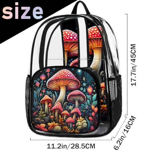 Hand Painted Mushroom Flower Leaf Clear Backpack Stadium Approved PVC Backpacks for Adults Heavy Duty Clear Bag for Work Security Travel College2
