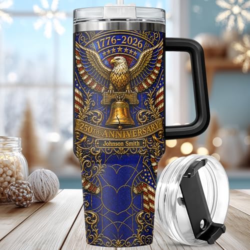 Image of Personalized 250th Anniversary Of America Tumbler - Custom Patriotic USA Flag 1776-2026 Gifts - US Eagle Freedom Cup 40oz A6 - American Independence Celebration Gifts For Men Women