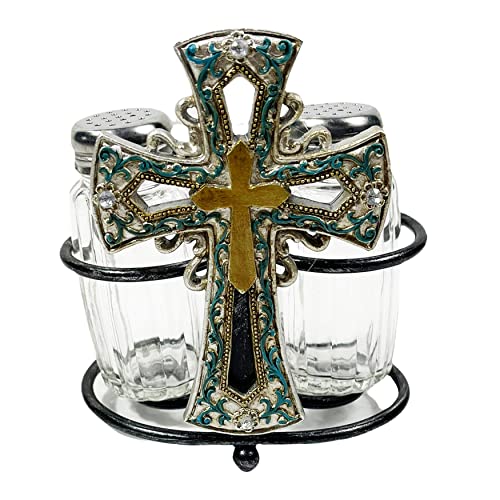 Urbalabs Western Cross and Jem Gold Concho Country Star Cowboy Roper Star Buckle Salt and Pepper Shaker Caddy Farmhouse Dinner Table Kitchen Ranch Decorations Rustic Cowboy Decor (Gold Cross)