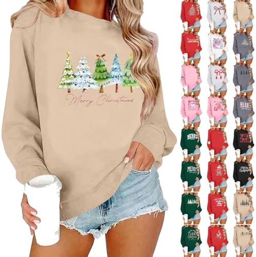 Christmas Sweatshirt Women Merry Xmas Patterns Theme Letter Crewneck Tops Comfortable Fall Holiday Sweat Shirt