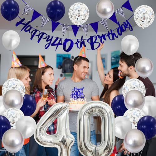 Image of 40th Birthday Decorations for Women Men, Blue Silver 40th Birthday Balloons, Blue Happy 40th Banner Cake Topper Number 40 Foil Balloon for 40 Year Old Party Decor