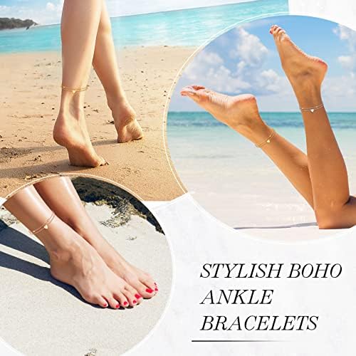 3 Pcs Boho Layered Anklet Heart Pendant Anklets Beach Women's Anklets Beaded Anklets Chain Beads Foot Chain for Women Girls, Gold, Silver, Rose Gold