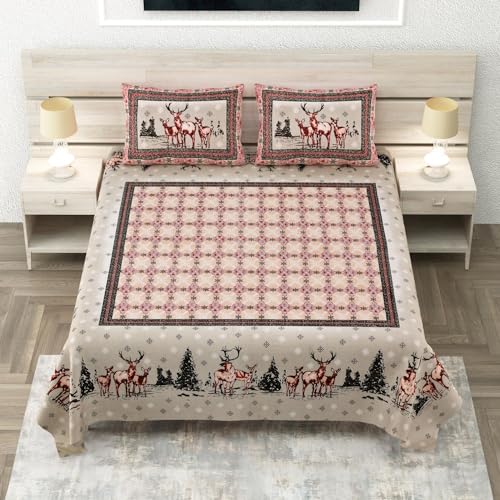 Image of 240 TC 100% Cotton Bedsheet for Double Bed King Size with 2 Pillow Covers | Breathable & Super Soft Rajasthani Sanganeri Jaipuri Printed Bed Sheet -108 * 108 Inches (Deer 3)