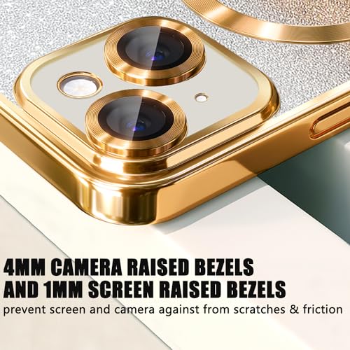 Image of Misscase for iPhone 14 Plus Magnetic Glitter Case Compatible with MagSafe,Full Protection Slim Shockproof Anti-Scratch Case with Camera Lens Protector Logo View Dust-Proof Net for Women Gold