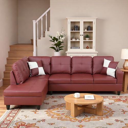 Image of L-Shaped Sectional Sofa, Modern 4-Seat Couch with Left Facing Chaise, Leather Sectional Couch for Living Room, Apartment, Office, Dark Red