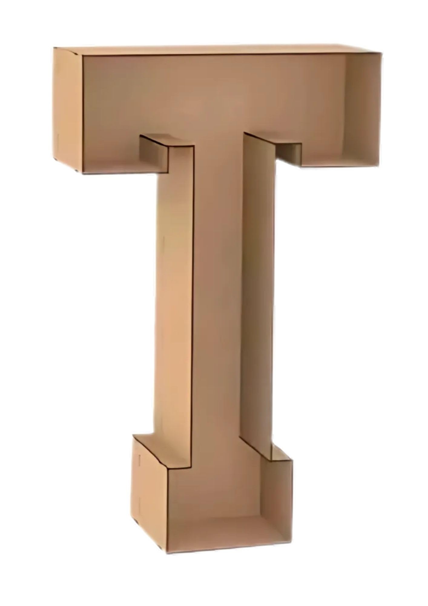 Letra T Decorativa 3D de Madera, 100 cm de Altura, Color Natural