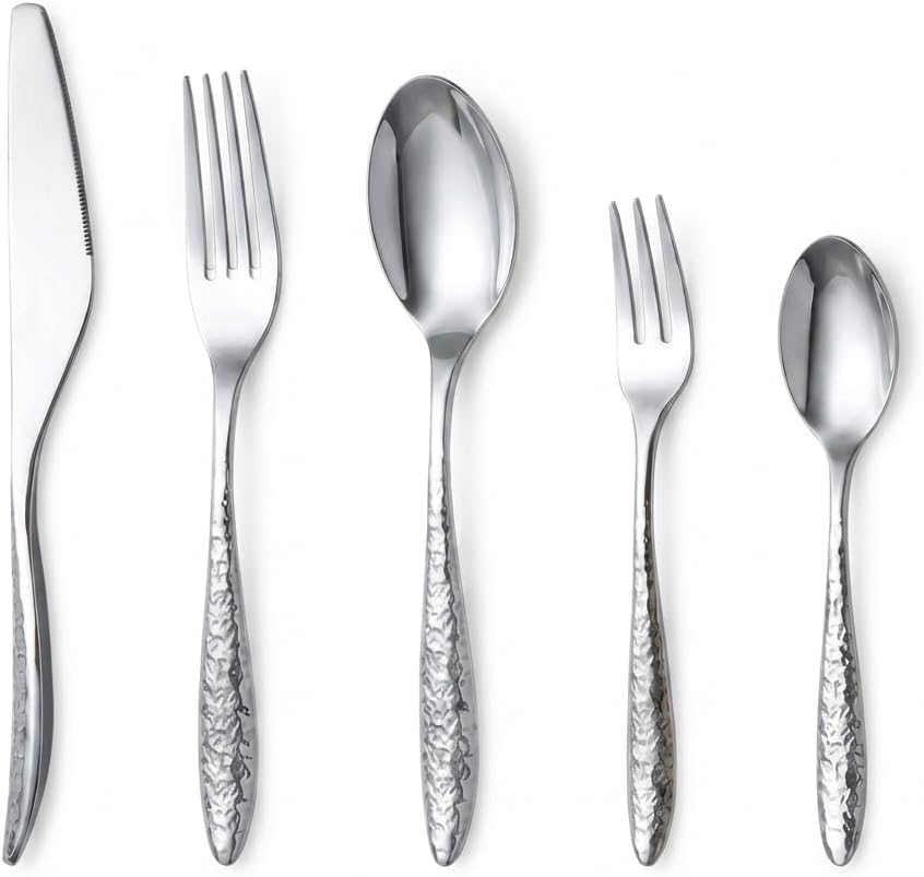 Silverware Set Flatware Set 304 Stainless Steel Cutlery Set Hammered Pattern Mirror Finished, Dishwasher Safe Kitchen Utensil 5 Pieces Service for 1