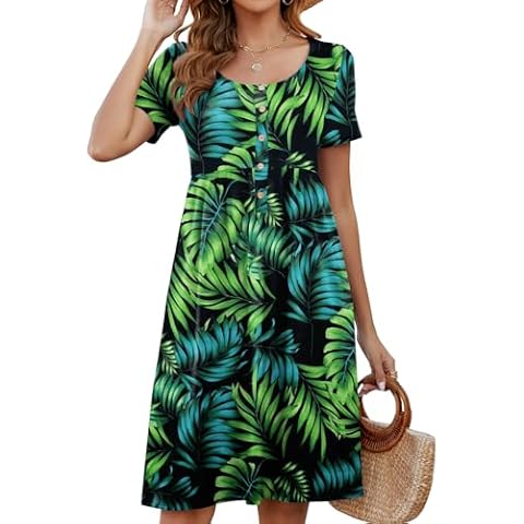 RANPHEE Summer Dresses 2025 Trendy Fashion Junior Teens Empire Waist Knee Length Loose Fit Baby Doll Maternity Lounge Luau Dress with Pockets L Cover