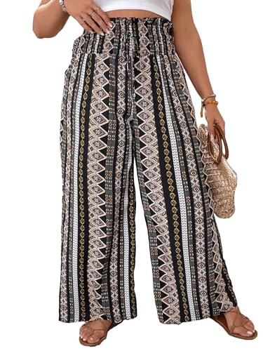 GORGLITTER Women's Plus Size Wide Leg Boho Pants Paperbag Geo Print Pants Shirred Beach Pants