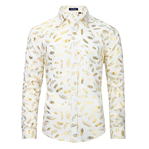 HISDERN Bloemenoverhemden voor heren, lange mouwen, gouden bloemenpatroon, vrijetijdshemd, elegant, satijn, modieus, hemd, party, bar, bruiloft, S-2XL, Witte bladeren., XL