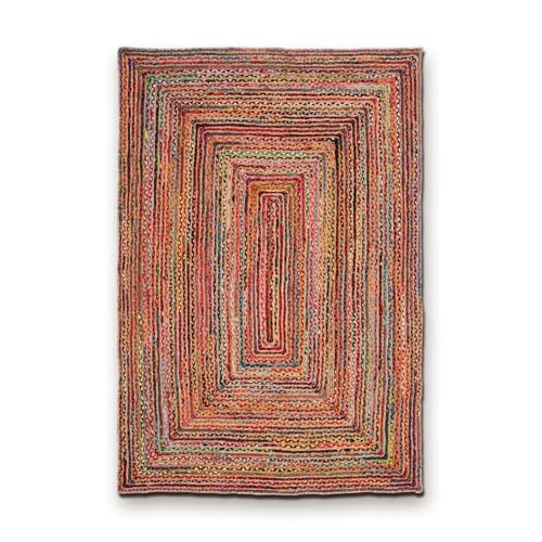 Image of HANIESTA 60 x 100 cm 100% Recycled Cotton Chindi Jute Area Sahara Frame Rug, Hand Braided Multi Coloured Stripes Rectangular Rug, 9 mm Low Pile Geometric Boho Rug for Kitchen, Living Room & Bedroom