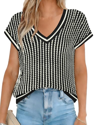 Image of SAUKOLE Women's Sweater Vest Casual V Neck Cap Sleeve Knit Pullover Tops | 2026 Spring Clothes, Soft Knit Shirts, Short Sleeves T-shirts, Tunic Blouses, Sweater Tank Tops