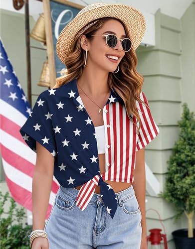 Image of Ithalt 4th of July Hawaiian Shirts Women American Flag Patriotic Short Sleeve Button Down Outfits Summer Vacation Tops
