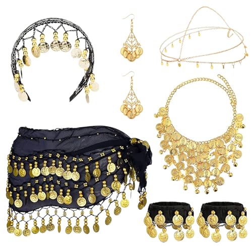 YAEGIMHT Costume de danse orientale 6 pièces pour femme – Foulard de hanche orné de pièces d'or, accessoires de danse orientale : boucles d'oreilles,...