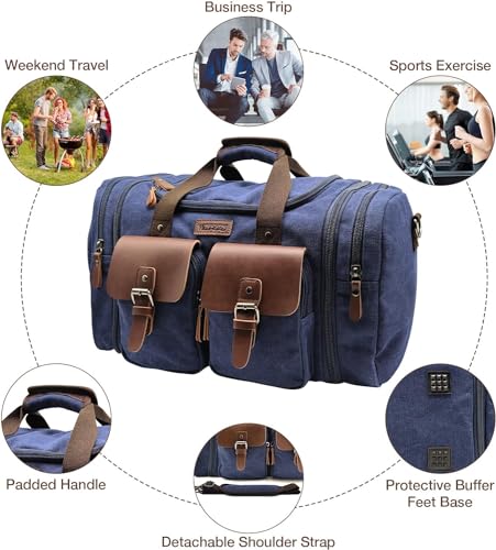 Image of Wildroad 60L Travel Duffel Bag, Expandable Canvas Genuine Leather Duffle Bag Upgraded Overnight Weekender Bag Carry on Bag
