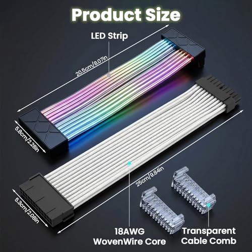 Image of ZORBES 24 Pin ARGB Motherboard Power Extension Cable, RGB LED PC Cable Extension with Addressable Lighting Sync, Sleeved 24 Pin PSU Extension for Gaming PC Build, Plug and Play RGB Mod Cable
