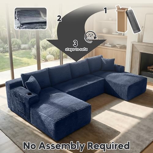 Image of 125 Inch Modular Sectional Sofa, Cloud Couch Oversized U Shaped Corduroy Sofa with Storage & Cupholders, Modern Deep Seat Boneless Couches for Living Room, No Assembly Required, Blue