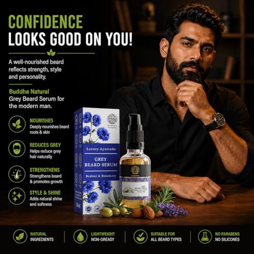 Image of Buddha Natural Grey Beard Serum Oil for Men | Helps Reduce Grey Beard Appearance & Supports Natural Black Beard Look | Beard Nourishing Serum with Argan, Brahmi & Castor | Non Sticky Beard Care Oil - 25ml