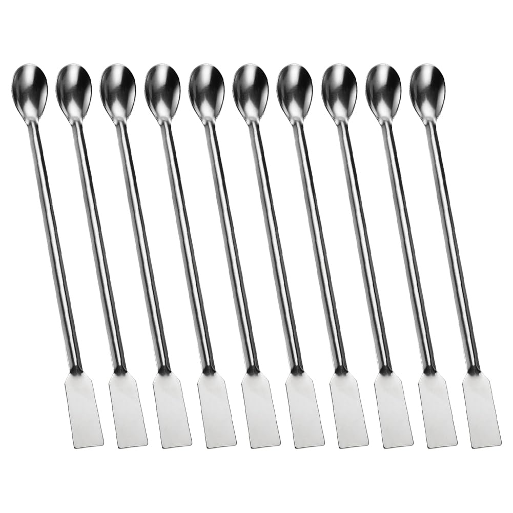 Hugede Silver 10 Pcs 20Cm Stainless Steel Lab Spoons Micro Scoop Spoons Mixing Spatulas Long Handle Measuring Spoons With Double Side For Laboratory Sample