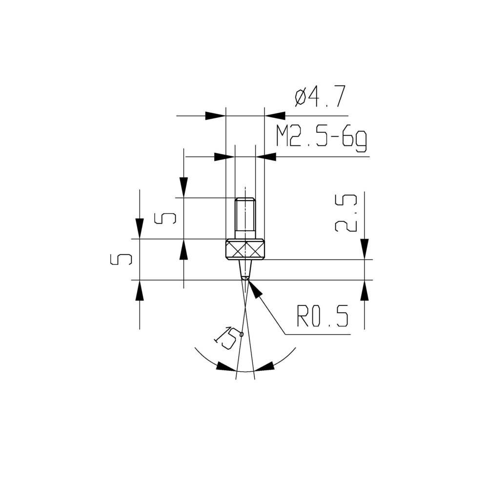 Measuring insert for dial gauge R 0.5 mm type: 106L stainless steel 573/15-5 cone length: 5 mm