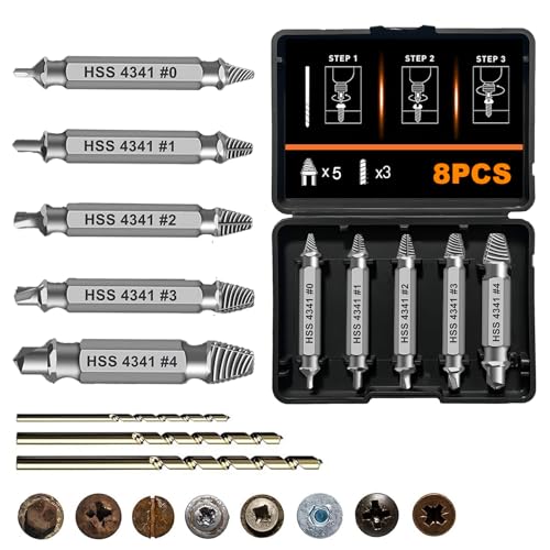 5 Pièces Extracteur Vis avec 3 Forets, Vis Autoforeuse Metal HSS 4341, Tourne Gauche Extracteur Endommagées, pour Endommagées Boulon