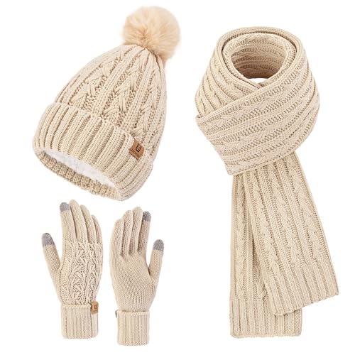 Womens Winter Warm Beanie Hat Long Scarf Touchscreen Gloves Set with Fleece Lined Skull Pom Caps 3 in 1 Set for Gift
