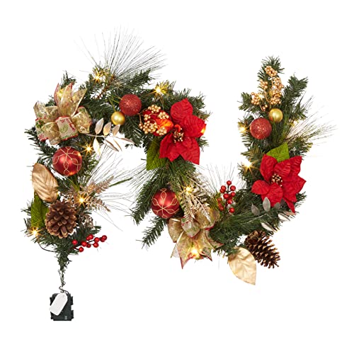 GarveeHome Prelit Christmas Garland for Mantle, 6ft Battery Operated Xmas Garland with 20 LED Lights Timer Red Gold Balls for Fireplace Stair Railing TV Stand Indoor Outdoor Holiday Decor