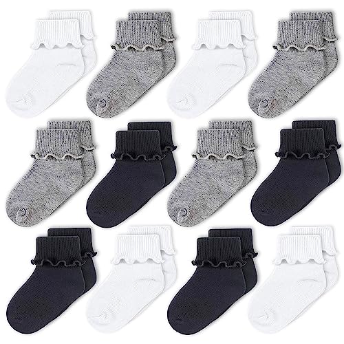 Image of CozyWay Baby Girls Socks Ruffle Ripple Edge Turn Cuff Socks for Baby Toddler Girls | 12-Pairs