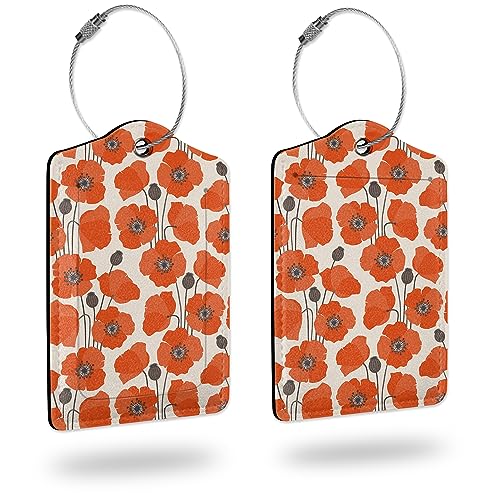 2 Pack Luggage Tag for Suitcases,Vintage Poppy Flower PU Leather Bag Travel Suitcase ID Identifier Baggage Tags for Women Men Travel